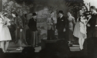 The contemporary witness's father (in the hat on the left) in an amateur performance of "Doktor Opička" in Bílý Potok before the war