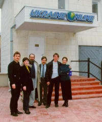 ~UkraineOnline team, from left to right, in 2000: Vadym Shpurik, Tetyana Chernenko (now Dolinska), Chaim Shaposhnik, Anatoliy Timofeev, Andriy Bash, Lyudmyla Ryabkova