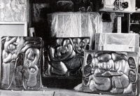 Tepané měděné reliéfy Dalibora Matouše s kozákovskými jaspisy pro Kulturní dům v Koberovech v roce 1983