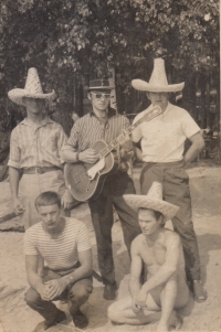 Albert Iser with friends at Lake Mácha, 1964