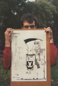 Vlasta Matoušová's son Tomáš with his painting Poselství (The Message) for the 3rd Millennium in the 1999 competition