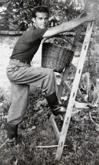 Václav Švéda na zahradě v Pivíně na Prostějovsku krátce po druhé světové válce