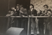 The community theatre in Ondřejov - opening night of the play Muži v ofsajdu (Men in an Offside Position), Václav Vycpálek third from the right, 1957