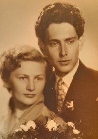 With her husband Jaromír Vitvar in a wedding photo, 1955