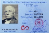 Ján Kotásek - card of a participant in the anti-communist resistance.