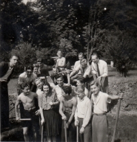 Digging trenches, Ivanovice na Hané, 1944, in the photo with class teacher and German teacher Mr. Frantíková