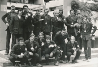 The Czechoslovakian national team with silver medals from the 1972 Olympics in Munich. Jindřich Krepindl is the first from the right below