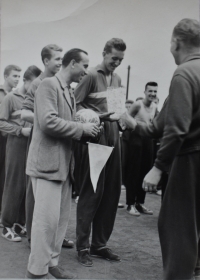Ladislav Kváča and his team receiving the national volleyball championship in 1958