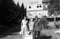 Anna Krpešová, her husband, Václav Krpeš, Anna Duží and Hana Krpešová in a pram, 1950s 
