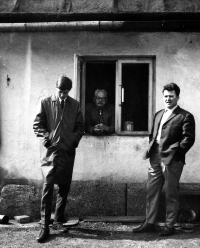 Anna Krpešová's grandfather (in the window) with her uncle Alois, 1968 


