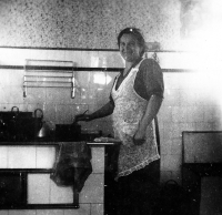 Anna Krpešová's mother, Anna Duží, in her kitchen, Staré Hamry, around 1943 
