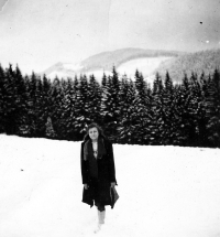 Anna Krpešová on her way from Staré Hamry to Javořinka, late 1940s 

