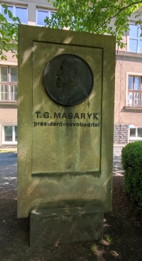 President Tomáš Garrigue Masaryk's memorial from 1925 in front of the building of the former Czech school on Bělíkova street in Frýdlant