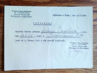 Certificate of employment at the Frýdlant spinning mill for Gertruda Blaschkova, a German woman from Větrov (Ringenhain), dated June 12, 1945, which served as residency permit and protected her from banishment