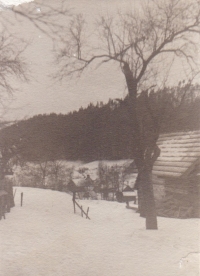 Sušírna a pohled za humna, zima 1945