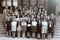 Jiří Voženílek (second from left, back row) with his class in the Horní Růžodol school inv Liberci in 1945