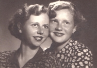 Marie Šimánková (left) with a friend, Volyně, 1953