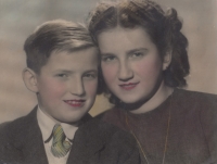 With sister Jiřina in a colourised photo, 1950s