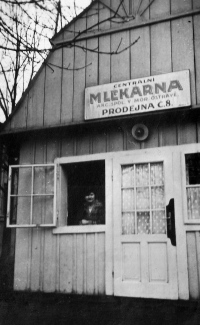 Milan Černín's mother at her mother's kiosk / Ostrava-Vítkovice/ 1940s 
