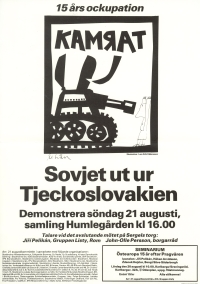 Poster for a demonstration in Stockholm with the headline Soviets out of Czechoslovakia (1983)