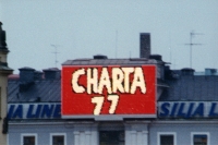 Giant signs before an evening of solidarity in the Stockholm Stadsteater. (1983)