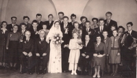 Mr. and Mrs. Šimánek with wedding guests, 1957