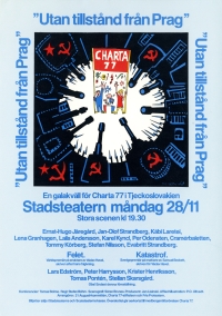 Poster for an evening of solidarity in the Stockholm Stadsteater, with a world premiere of Havel's The mistake and the Swedish premiere of Beckett's Catastrophe. (1983)