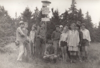 Tramping in Slovak Ore Mountains, Irena Kvapilová the smallest of the girls on the right, her future husband Pavel Kvapil in the middle, 1982