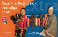 František Bauer as a butcher master on an ad leaflet with a hockey player from Karlovy Vary 