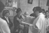Christening of her first son, Jean Gaspard, at her parent's parish in France, her friend, Christine Berge, standing as a godmother, 1979

