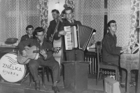 Jiří Lejsek (second from right) with a military band in 1957