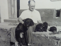 Dad with beloved dogs, 1950s
