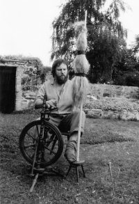 Jaroslav Prášil at work on a spinning wheel, 1980s