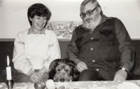 L. Topoľská with her husband Dušan Topoľský and dog Brok, 1980s