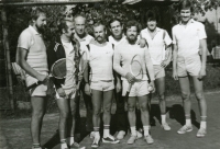At tennis (third from right), 1980s