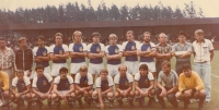 Coach Milan Kynos (far right) in 1986 after a football match with Bohemians Prague