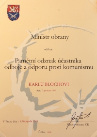 Certificate Karel Bloch's involvement in the Third Resistance