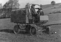 The car of my father, who was a grocer by trade, 1945 Lnáře. My father bought small farm products such as eggs, grain, etc.