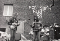 The band Beatové družstvo band in concert in Dasnice near Sokolov, 1988