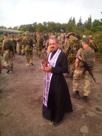 Vasyl Vyrozub as a military chaplain in the Anti-Terrorist Operation Zone, 2015