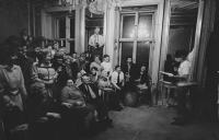 Adolf Born (on stage) and Anna and Kamil Lhotáks in the front row centre during one of Litografičanka's performances