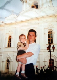 Yaroslav and his father in front of the Epiphany Cathedral in Horlivka, Donentsk region, 2003