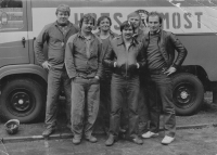 Rescue team at Pluto II mine, 1982, witness on the right
