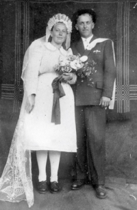 The couple's wedding photo was taken a few months after the wedding, 1950s