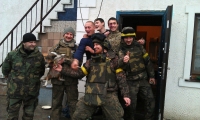 With fellow soldiers in the village of Pisky, 2014