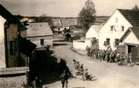 American army in Miřenice (to the left of the open kitchen of the Americans is the farm of the Melka family)
