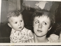 With daughter, 1981