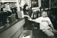 Antiquarian bookshop Ztichlá klika in Betlémská Street, B. Slavík, Ivan Wernisch and Ivan Martin Jirous, 1990s