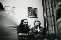 Celebration of the opening of Naďa Plíšková's exhibition in the U Šupů wine bar in April 1981, B. Slavík and Naďa Plíšková.