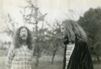 Vladimír Veit and Jaroslav Hutka, members of the artistic association Saffron (Šafrán), picking mushrooms in the Třeboň region, 1975